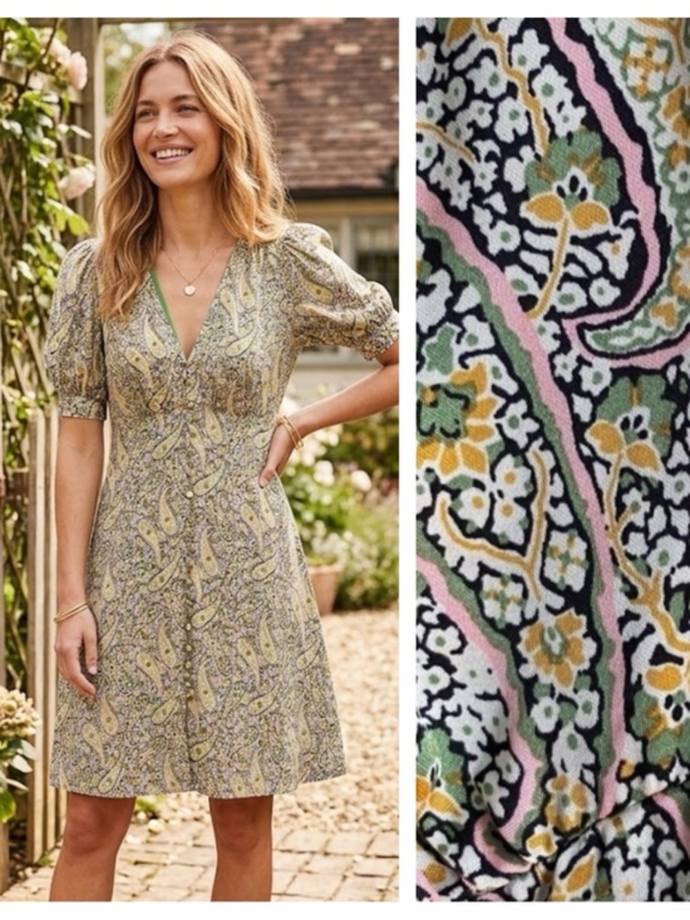 Boden Green Paisley Satin Tea Dress 10L